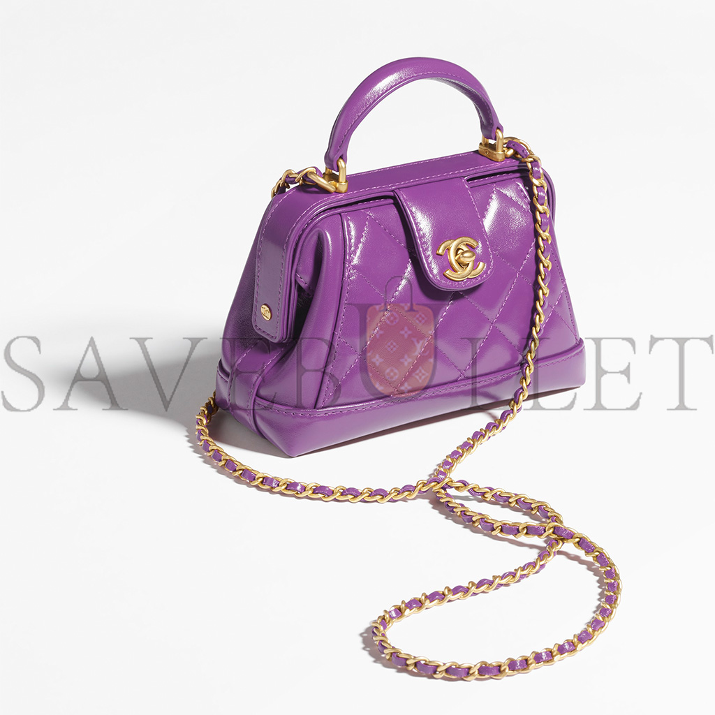 Ch*el master tophandle mini bag shiny lambskin and gold metallic purple as4958 (18*12*7cm)